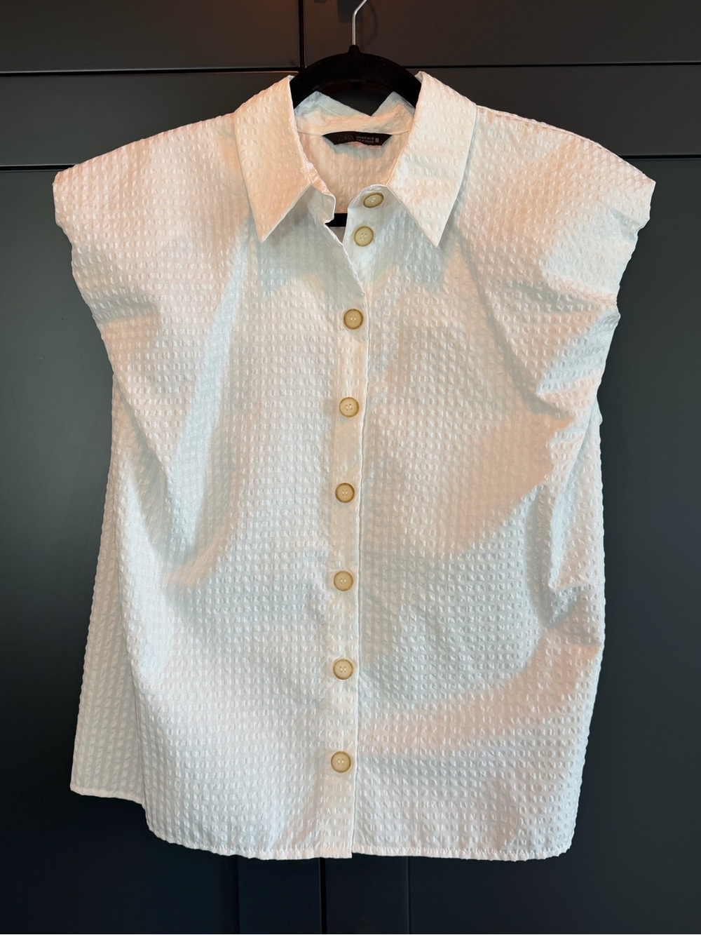 Zara White Textured Button-Down Cap Sleeve Shirt